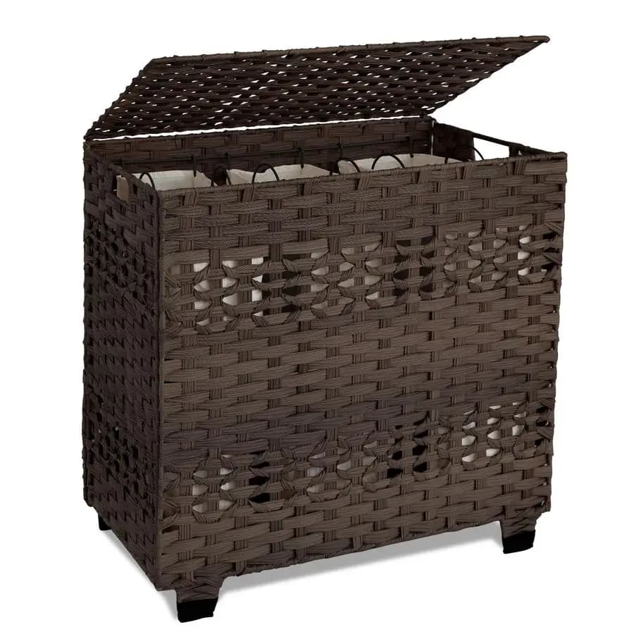 Linen basket with lid, 140 litre dress basket with 3 removable cover bags, folding basket with lid, synthetic wicker linen