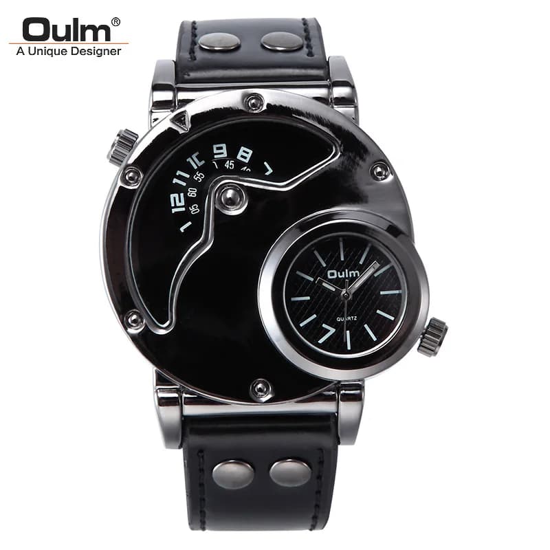 OULM 9591 Men's Watch Fashion Trend Dual Time Zone Personalized Unique Black Brown Sports Quartz Wristwatch for Male