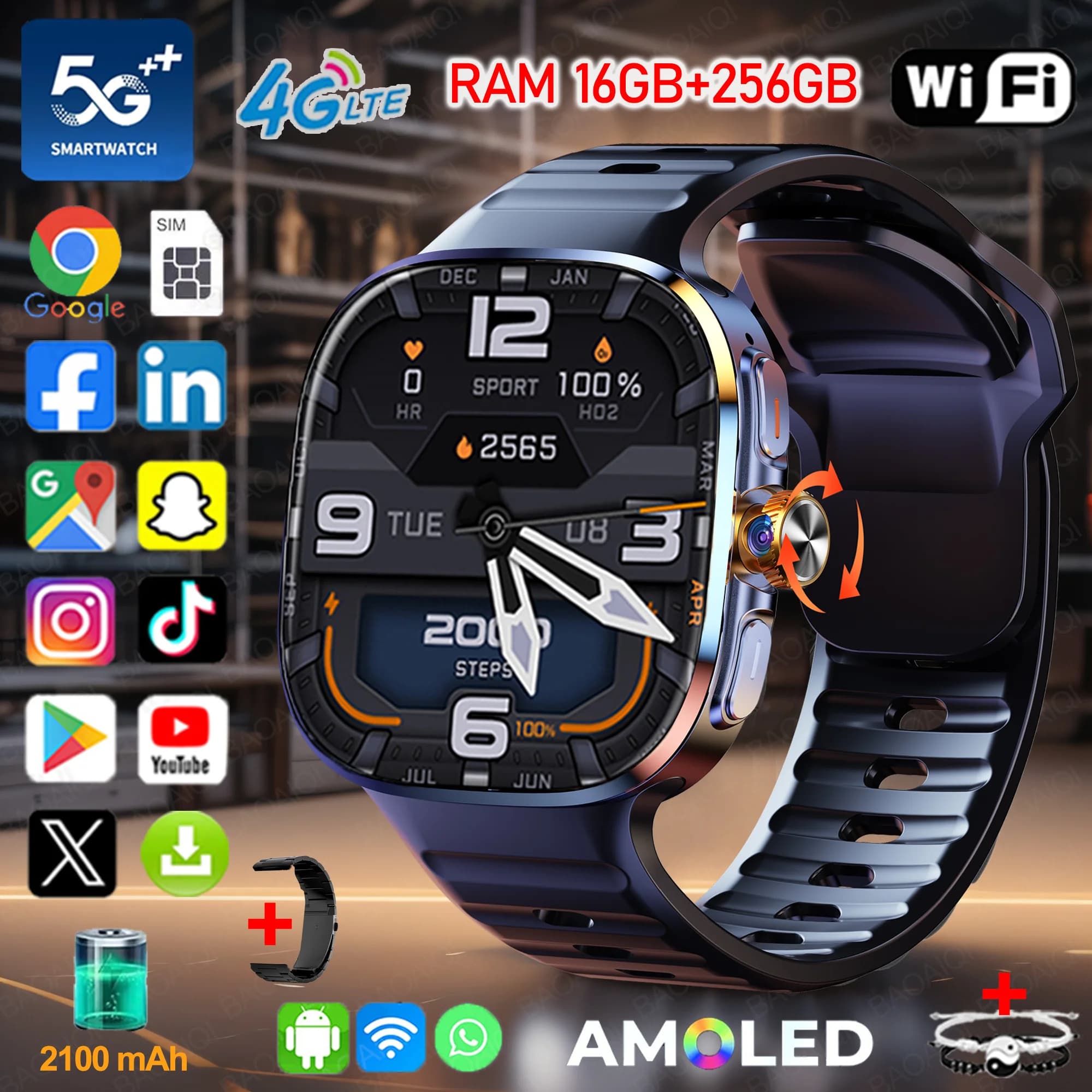 Nuovo Smartwatch a grande schermo 4G/5G Android 10.0 AMOLED da 2,4 pollici 900W Telecamera girevole estraibile WIFI GPS Smart watch 16GB + 256GB RAM