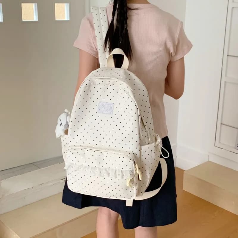Stylish Sweet Polka Dot Backpacks Multi-Pockets Soft Nylon Schoolbag Lightweight Preppy Knapsack Ready for Girls School Starts