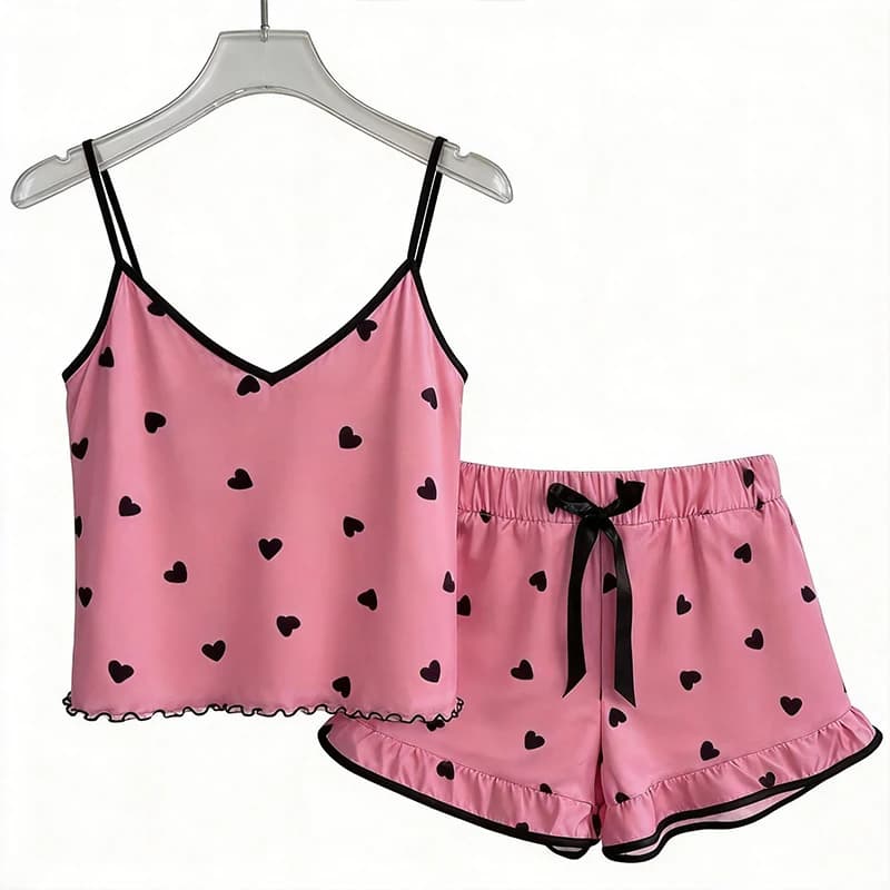 Two Piece Set Ladies Summer Ice Silk Camisole Shorts Pajamas Women's Fashion Soft Cute Heart Print Elastic Suspenders Homewear