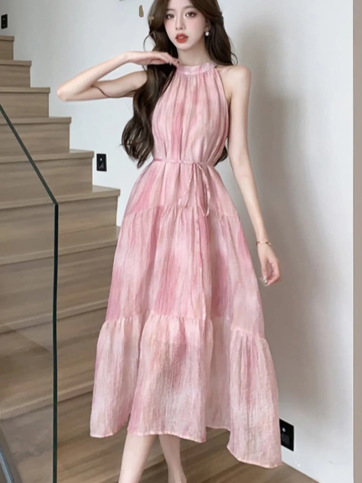 Gonna Midi da Spiaggia Rosa da Donna a Vita Alta con Stampa Tinta, Stile Elegante, per l'Estate