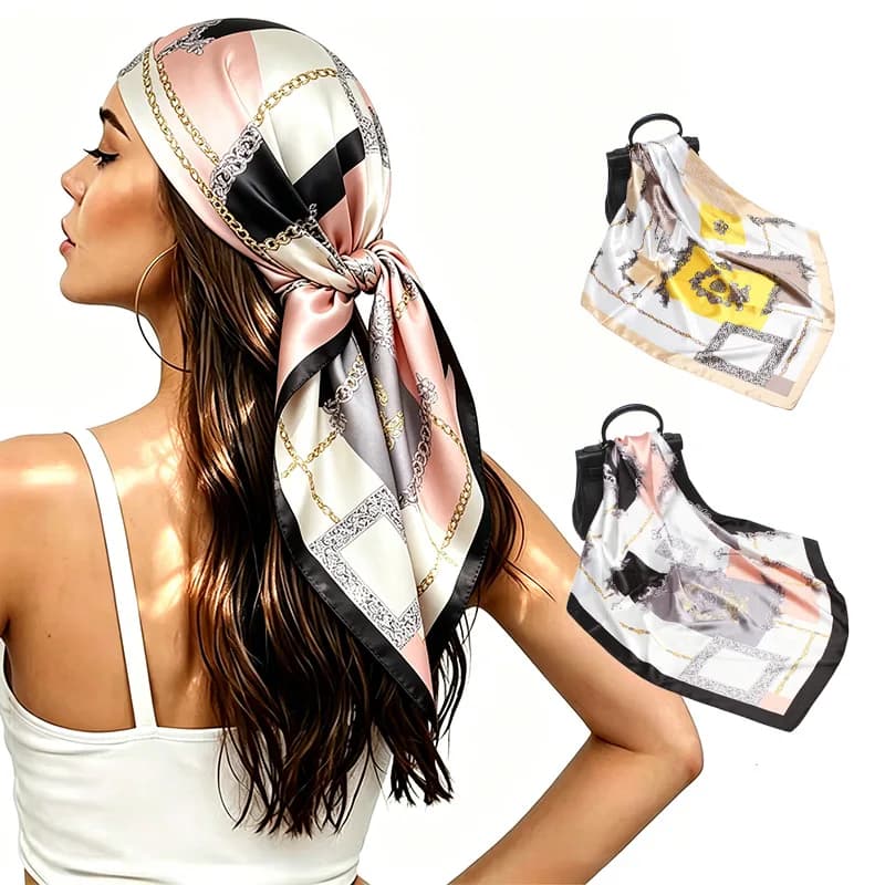 Luxury 90cm Square Scarf For Women Soft Satin Bandanas Printed Hijab Elegant Scarves Neckerchief Fashion Beach Shawl Wraps