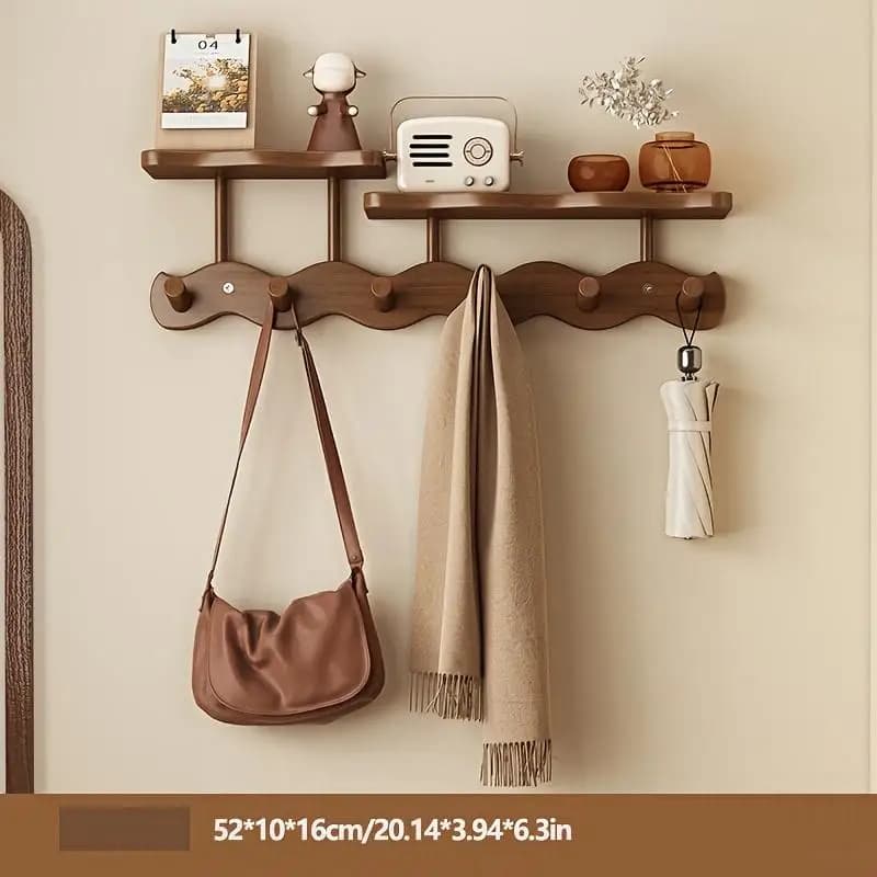 Punch-Free Bamboo Wood Wall Mount Coat Rack Clothes Hanger Hook No Drilling Heavy Duty Multipurpose Wall Organizer for Keys Hats Bags Towels Space Saving Decorative Hooks for Entryway Bedroom Living Room