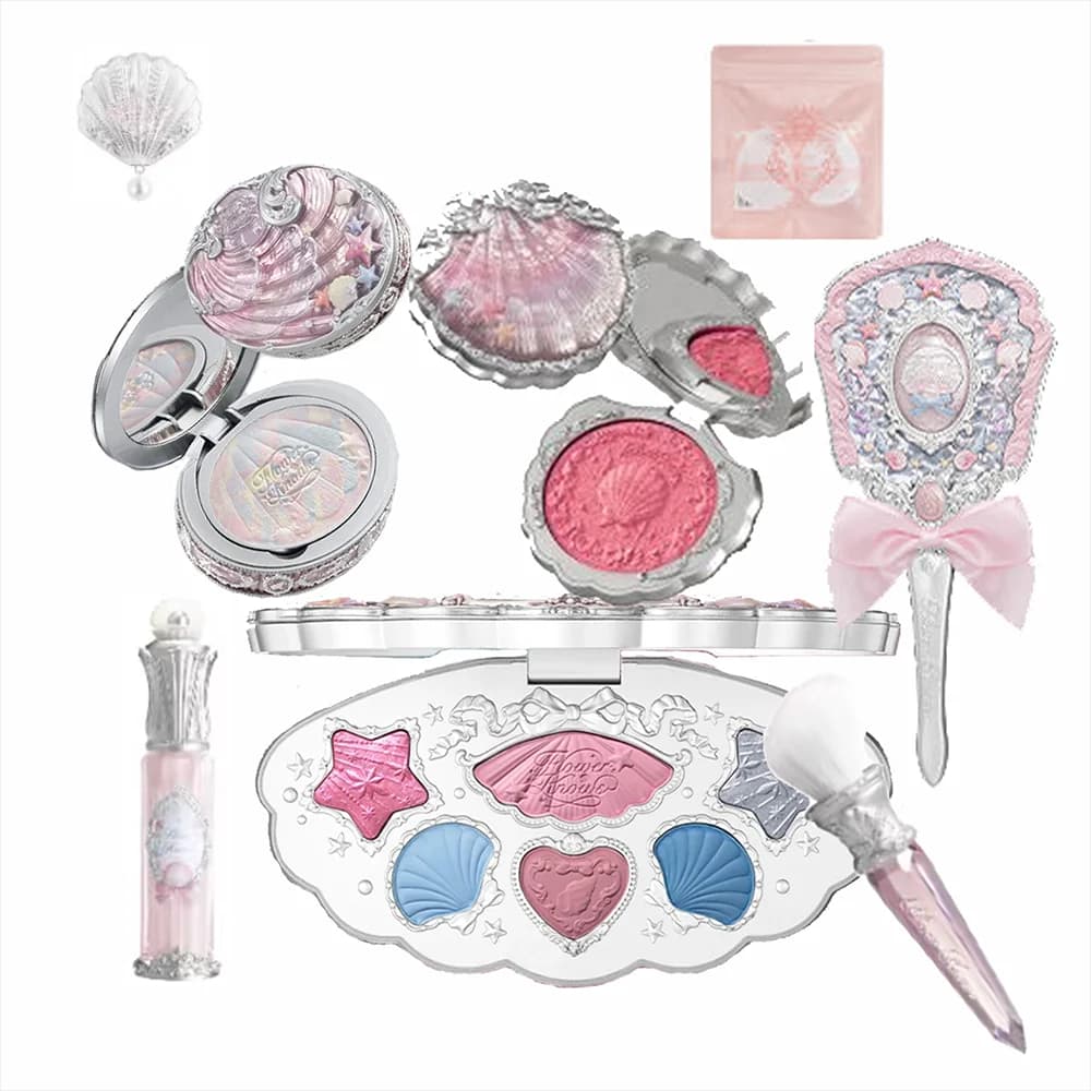 Flower Knows Shell Jewelry Essence Shimmer Lip Gloss Blush for Cheek Red Trick Pearl Shadow Ocean Mystery Gift Pack