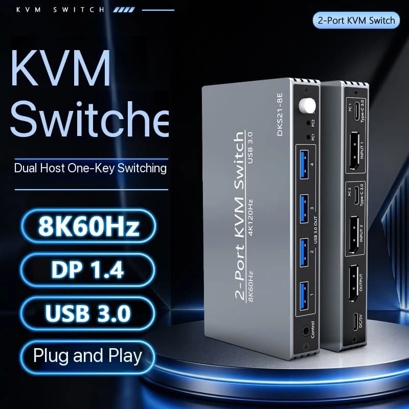 Switch KVM DP 8K a 2 Porte, 4 Porte USB 3.0, 4K120Hz 1080p240Hz, Switcher DisplayPort per Due Computer PC, Mouse, Tastiera e Monitor
