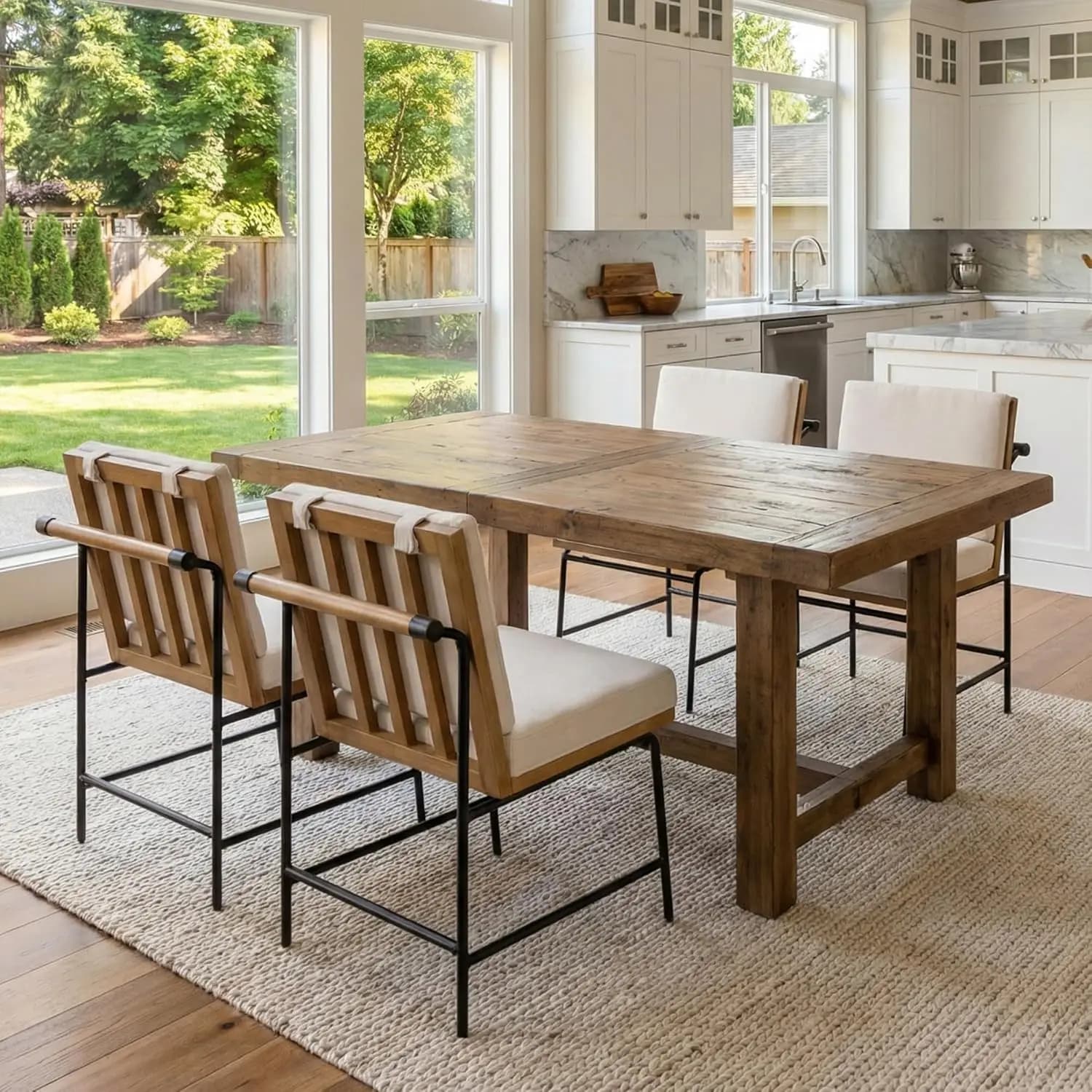 Set di 4 Sedie da Pranzo Moderne Senza Braccioli, Comodo Schienale in Tessuto di Lino, Seduta in Legno, Gambe in Metallo Nero, per Sala da Pranzo e Soggiorno, Personalizzabili in Bianco
