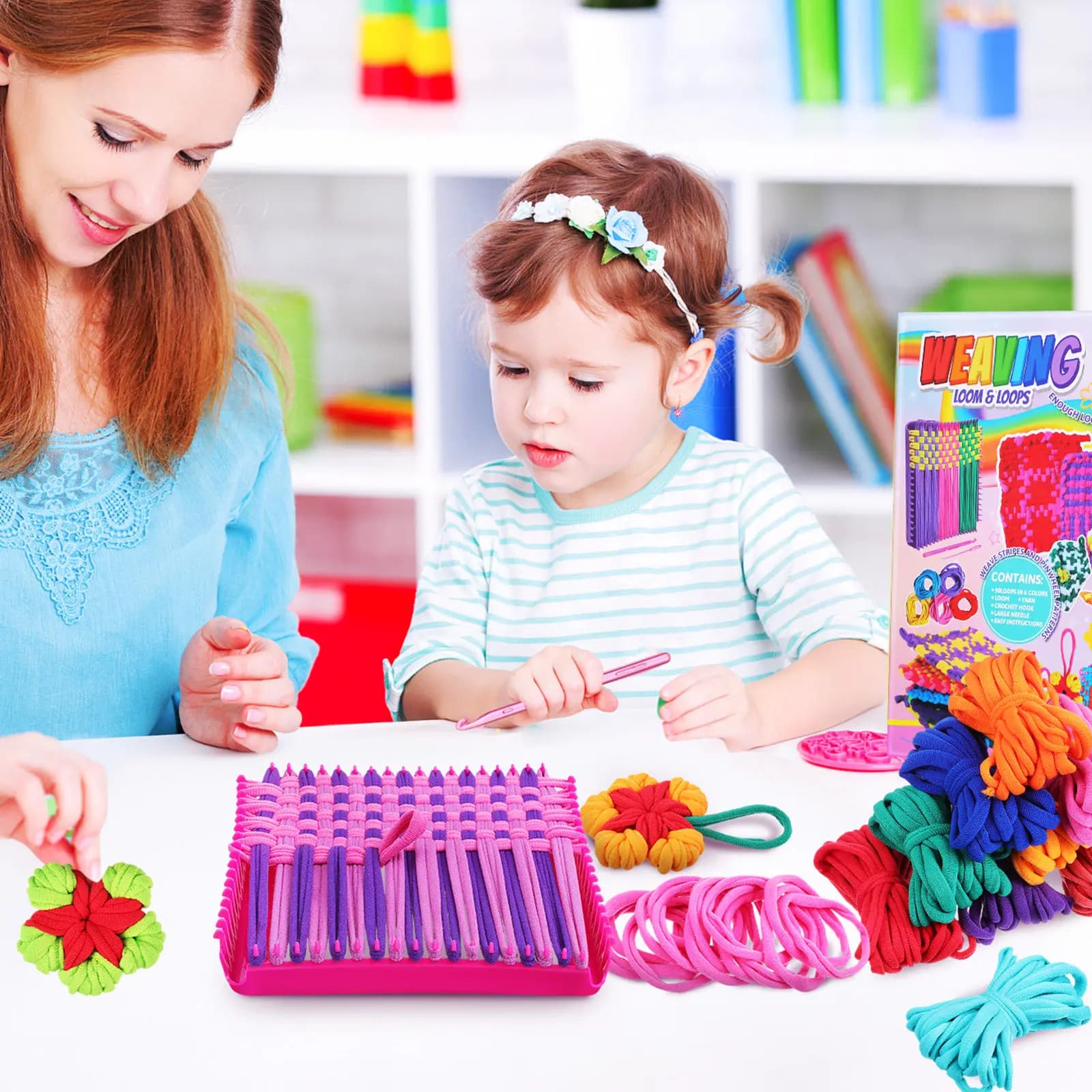 1Set Weaving Loom Knitting Kit for Kids Beginners Elastic Colorful Potholder Loops DIY Crafts Supplies Loom Knitting Accessories