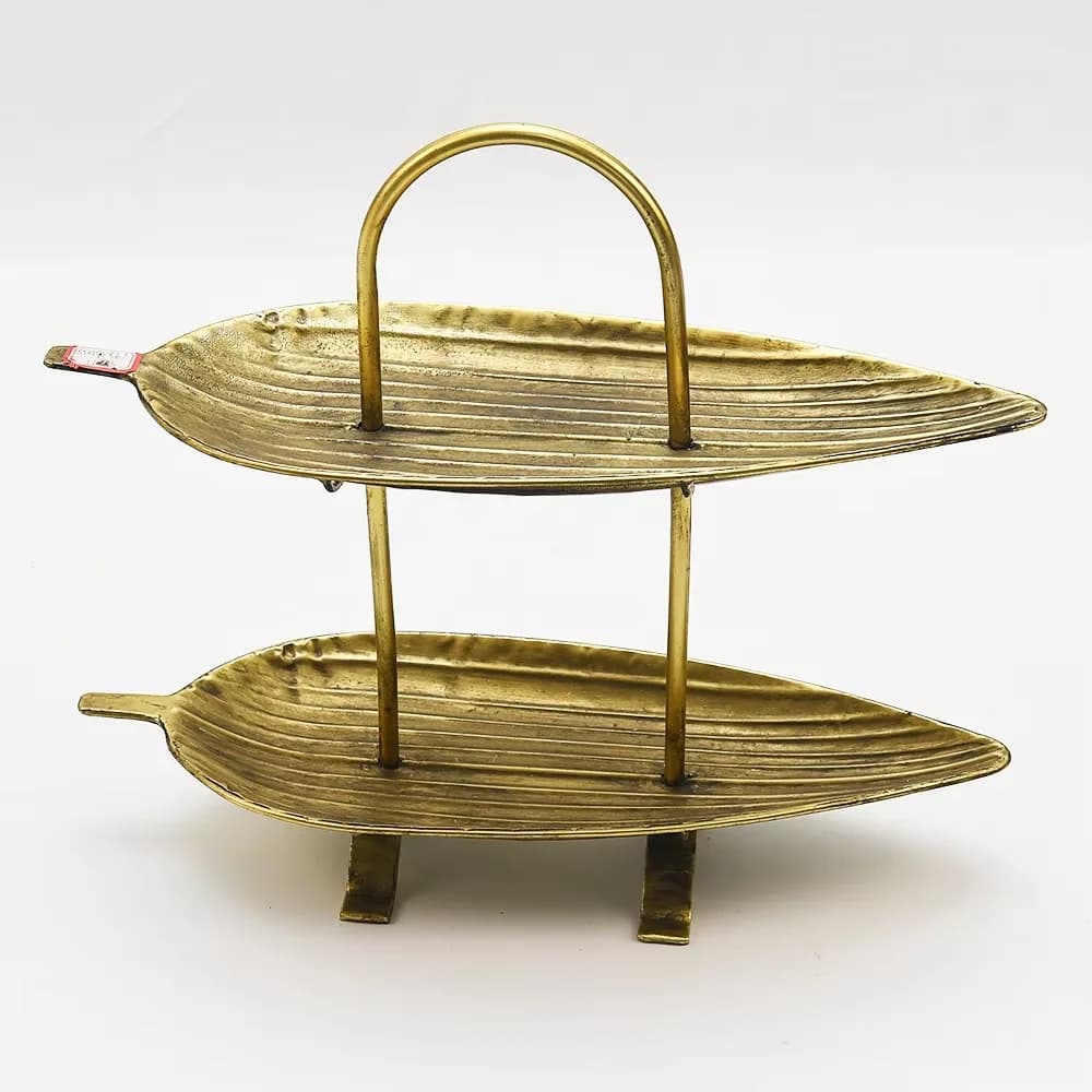 High-grade metal fruit home decoration double-layer new design golden leaf dried fruit luxury serving tray