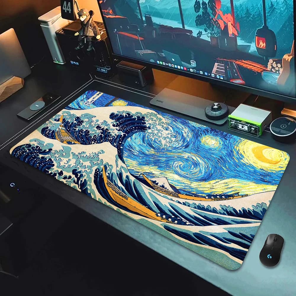 Tappetino per mouse Gamer XXL in gomma, tappetino per tastiera Otaku, tappetino da scrivania antiscivolo per laptop, Giappone, La Grande Onda di Kanagawa, grande tappetino per mouse da gioco