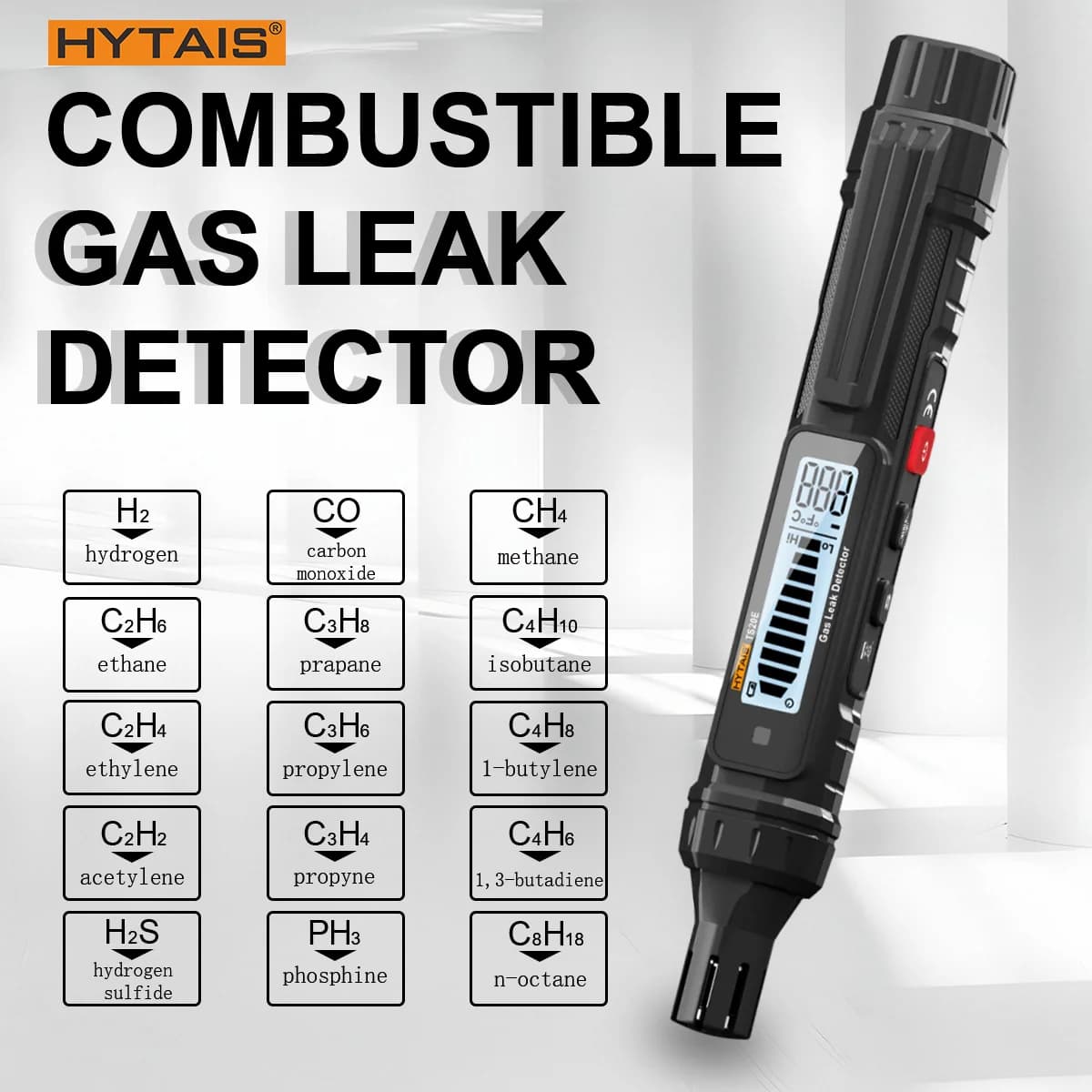 HYTAIS TS20E Rilevatore di gas combustibile Rilevatore di perdite di gas naturale per uso domestico Allarme acustico e visivo Test di renificatore di gas LCD retroilluminato
