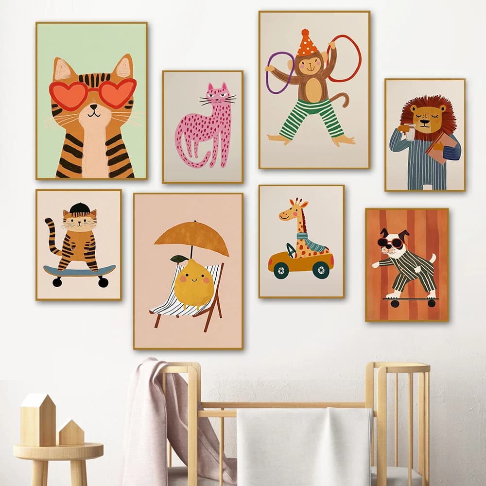 Circo Scimmia Arte della parete Decorazioni per feste di compleanno Giocoso Camera dei bambini Arte Asilo nido Safari Animale Poster Leone Giraffa Cane Stampe Immagini