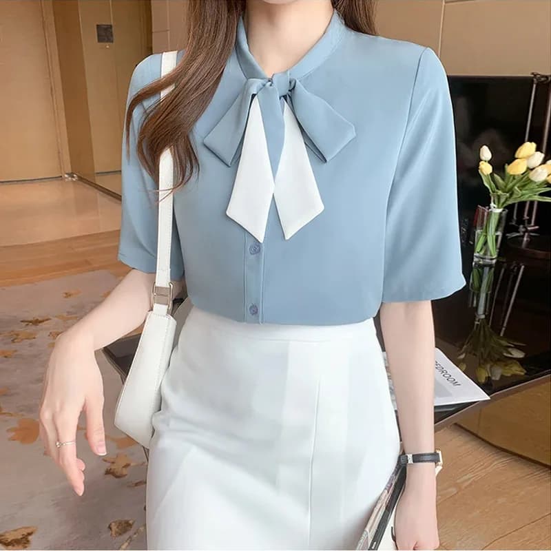 2026 Bluse da Donna a Maniche Corte, Blusa in Chiffon con Colletto a Fiocco, Camicia Top E931