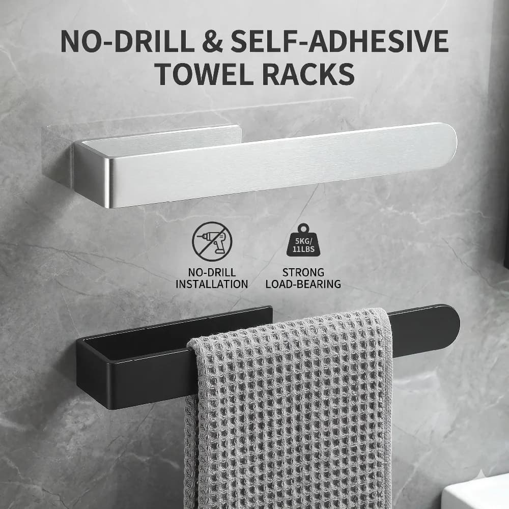 Portasciugamani in alluminio nero autoadesivo da parete, senza foratura, per bagno e cucina, accessori per il bagno.