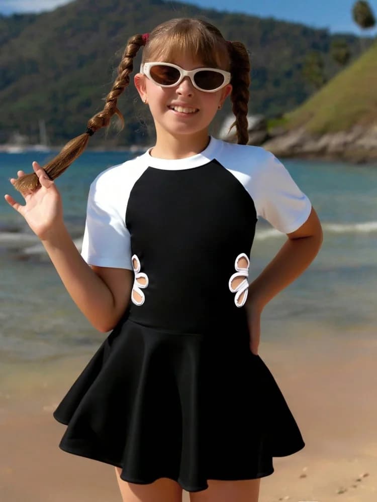 One Piece Girls Kids Swimsuit 2026 New Black Short Sleeves Children Swimwear Summer Dress Hollow Out Beach Bathing Suit Swimming