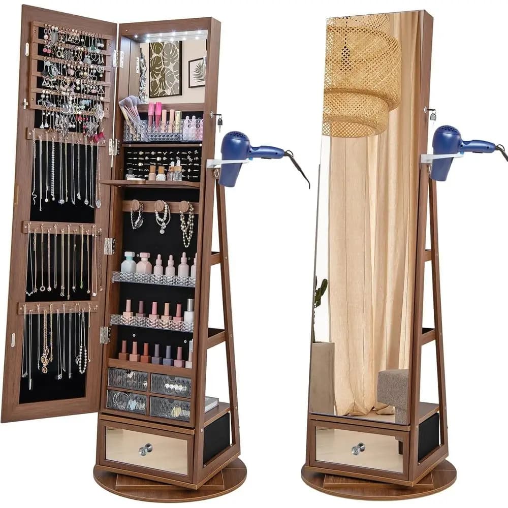 Swivel jewelry cabinet with full figure mirror, standing LED jewelry cabinet, organizer with lock with hairdryer door, St rear part