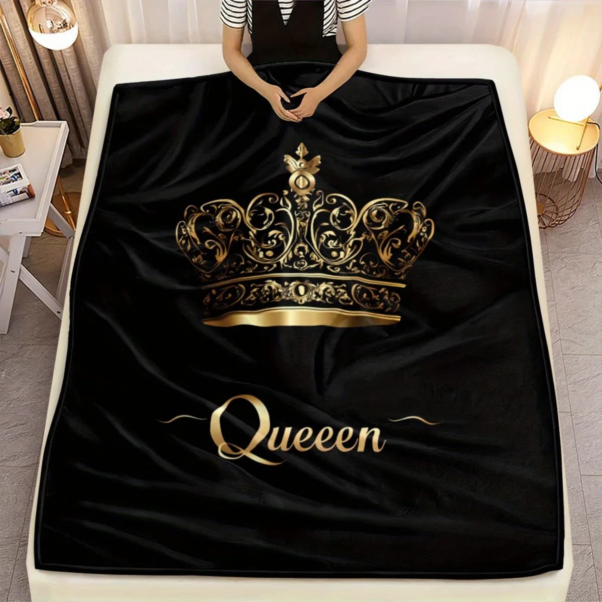 Coperta in flanella con stampa corona da regina, 1 pezzo, ultra morbida, leggera e calda, ideale per campeggio e viaggi, copriletto accogliente per divano, letto e ufficio