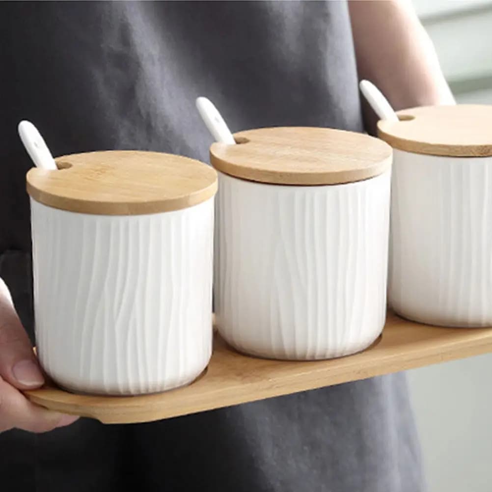 Ceramic Seasoning Box Set 9.5x28.5cm Nordic Style Spice Storage Jar Kit with Removable Compartments Airtight Lid Dustproof