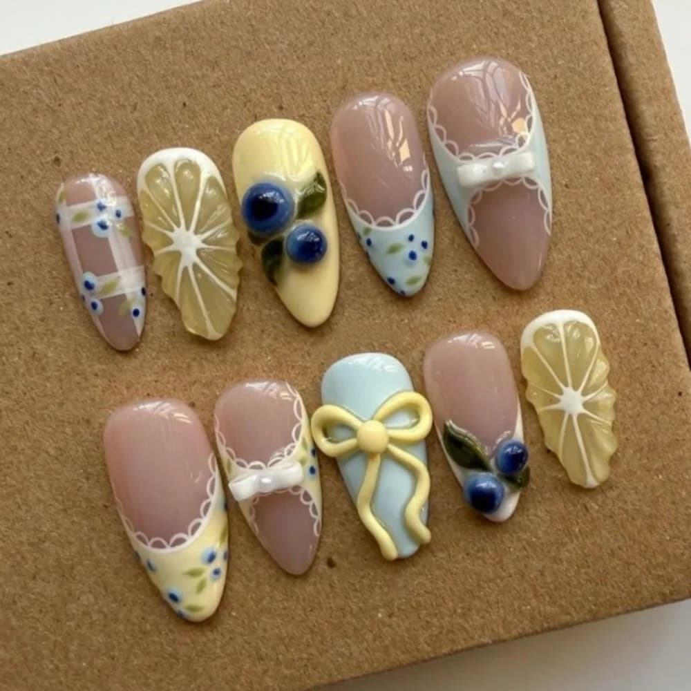 24pcs Fresh Lemon Blueberry Wearing Nail, 3D Drop Glue Bow, Cute Nail Art, Almond shaped Summer Fake Nail
