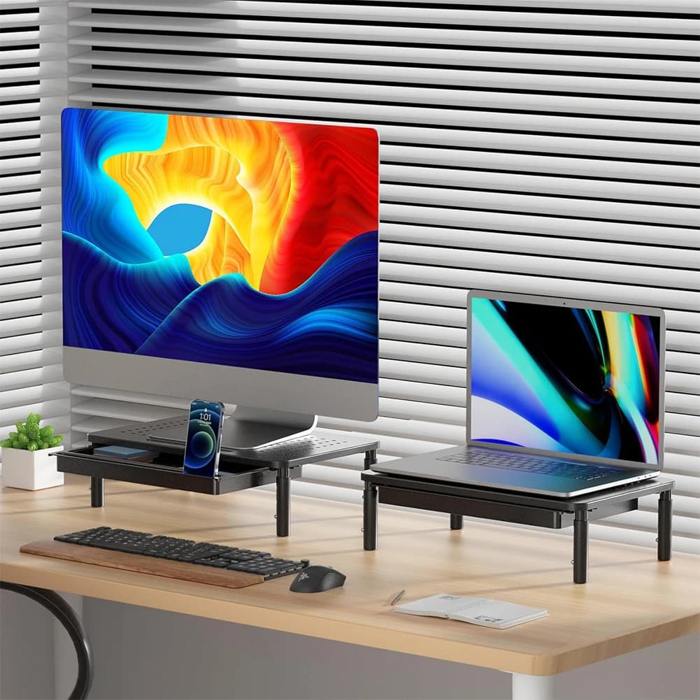 Supporto per Monitor con Cassetto, Stand per Laptop da Scrivania, Regolabile in 3 Altezze, Ripiano per Computer e Stampante