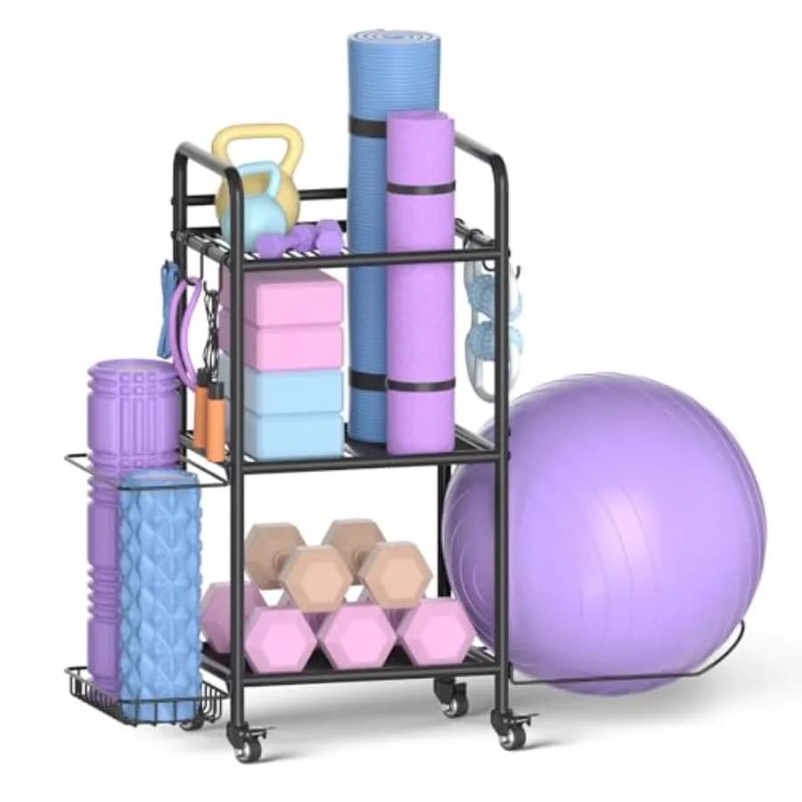 Home Gym Storage Rack Exercise Equipment Storage Organizer for Yoga Mat Dumbbells Kettlebells Foam Roller Yoga Strap and Resist