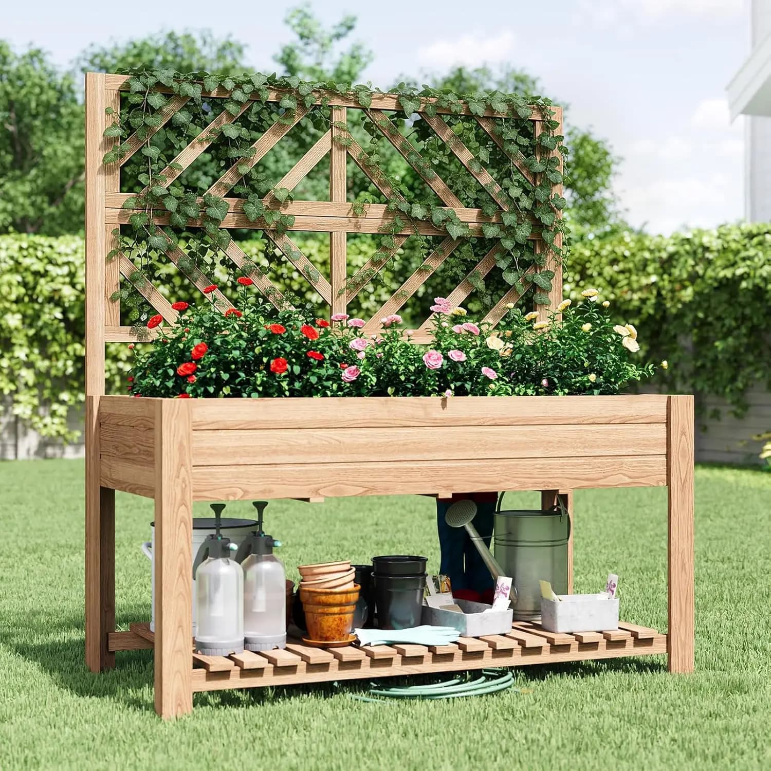 Fioriera Rialzata in Legno con Traliccio, 47x24x55 pollici, con Gambe e Ripiano Portaoggetti, Autoportante per Giardinaggio