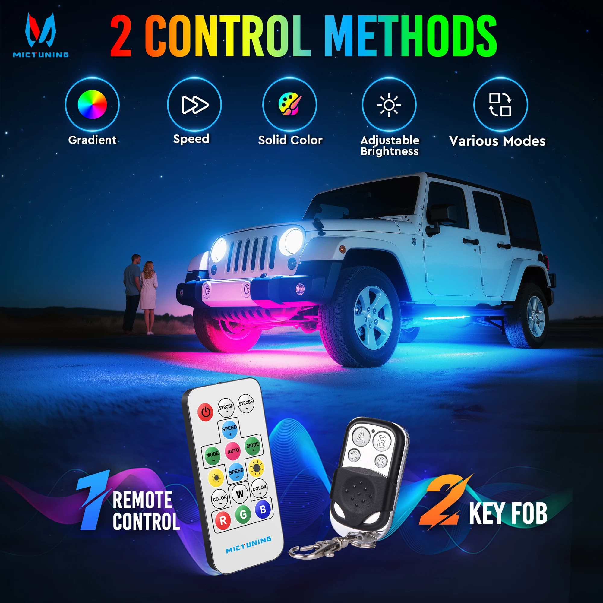 MICTUNING U8 Barra luminosa a LED per auto con doppio telecomando e alloggiamento in alluminio Striscia luminosa sottoscocca Lampada al neon per esterni automatica