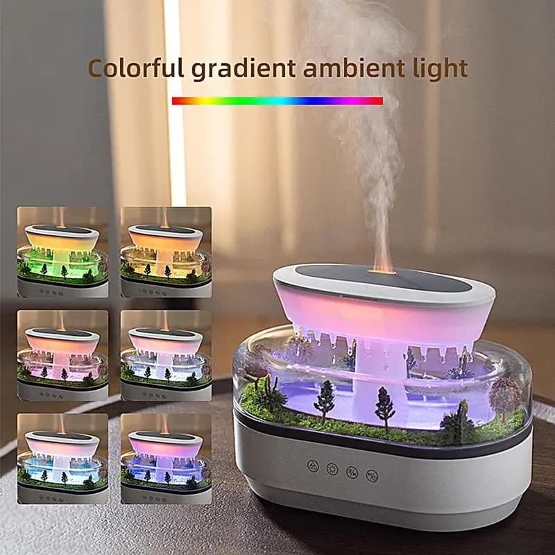 Umidificatore aromatico Goccia di pioggia Umidificatore Luce colorata Rumore bianco Diffusore di olio essenziale Diffusore di fragranze ad ultrasuoni per la casa