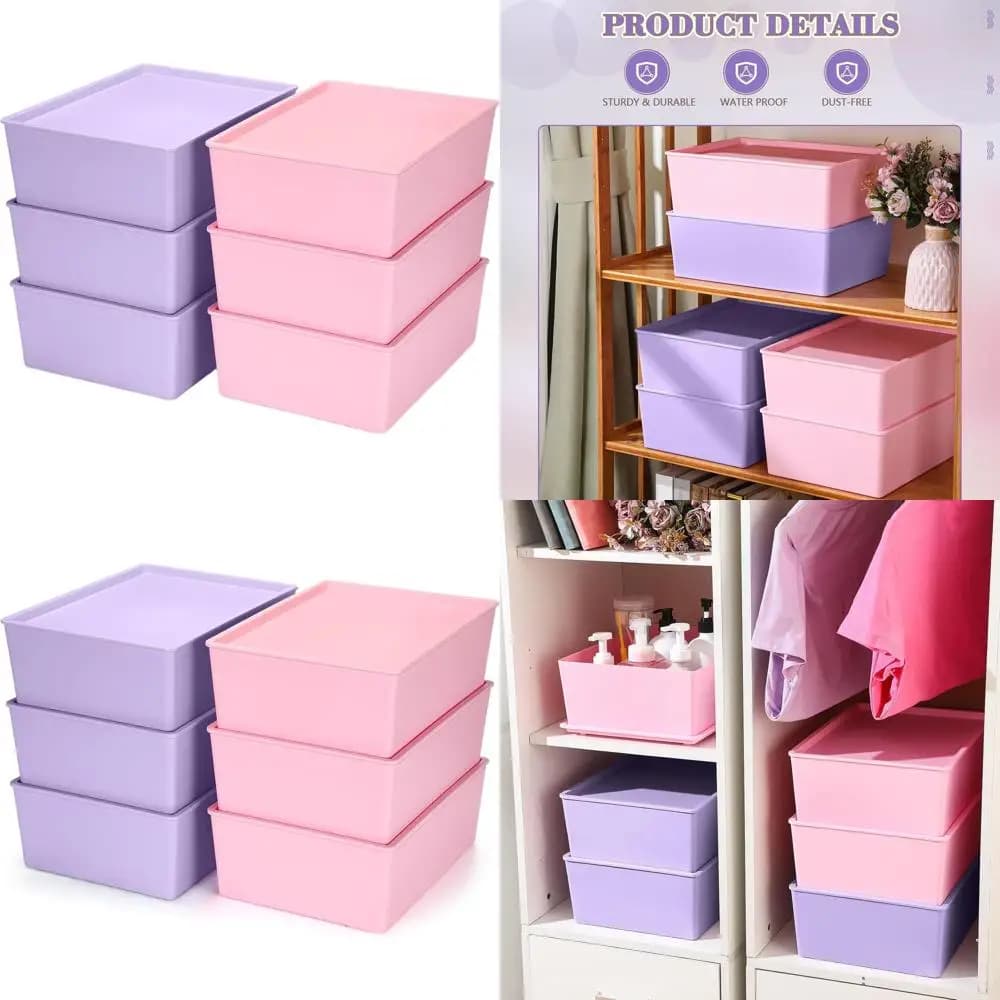 Set of 6 Large Plastic Stackable Containers with Covers, 14,4x10,4x5,1 Inches, Decorative Organizers for Clothes, Shelves, Garage