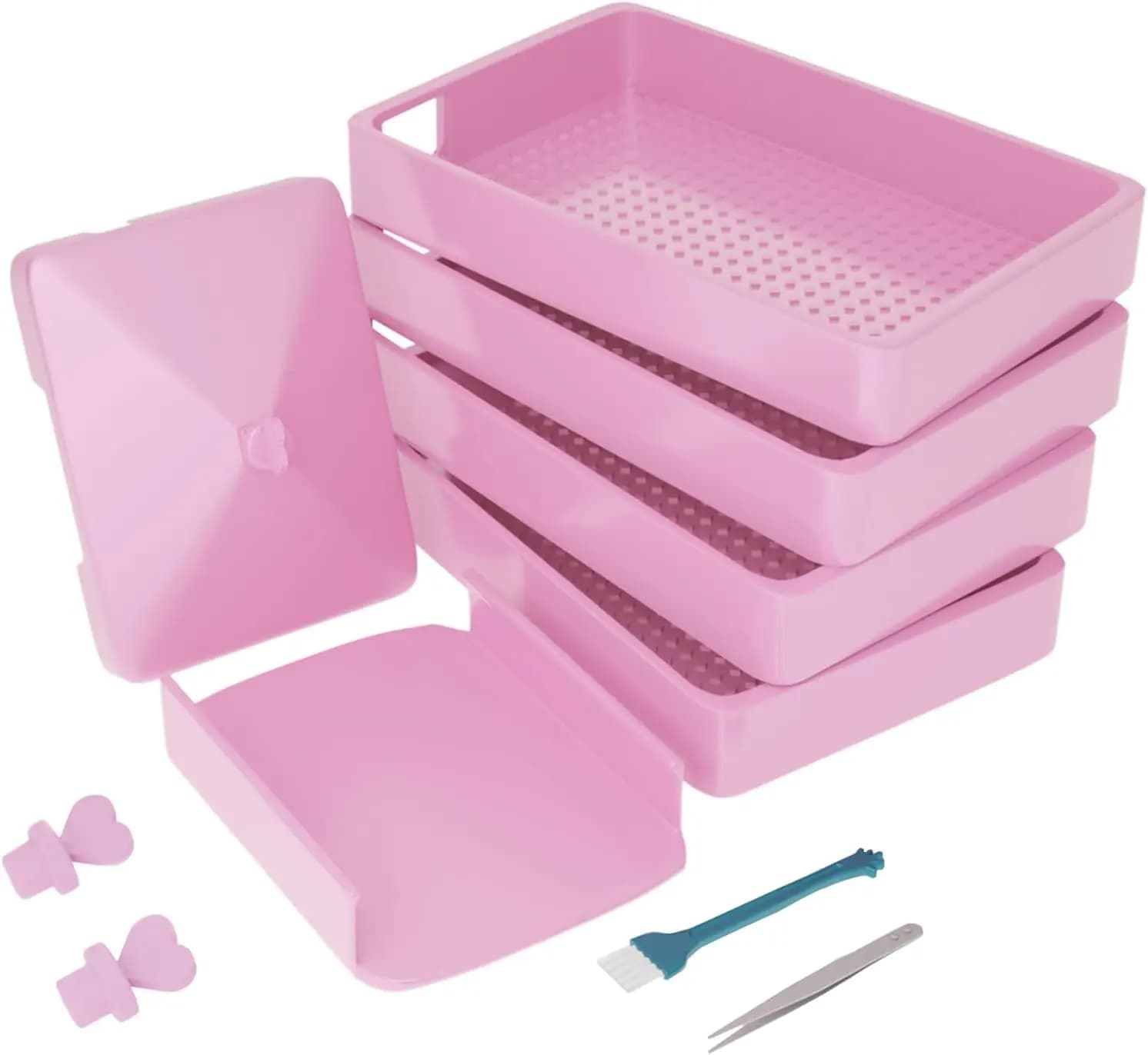 Set di 4 Vassoi per Diamond Painting con Coperchi a Imbuto, Strumenti Impilabili per Arte con Strass, Rosa