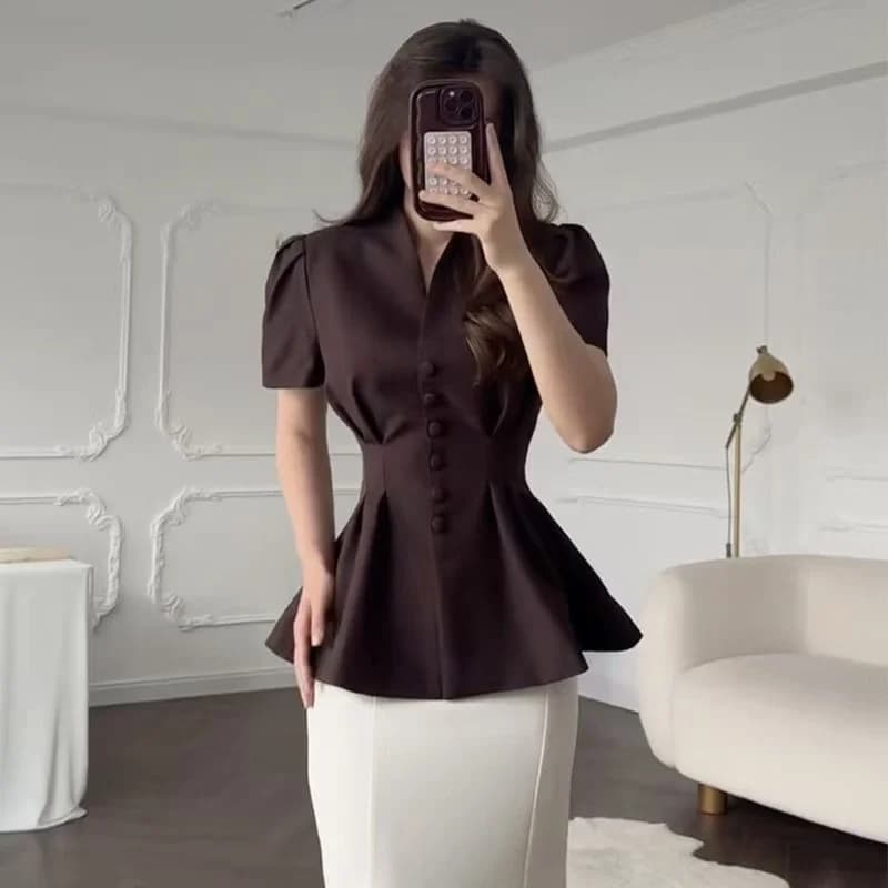 Elegante Giacca Monopetto Slim Fit Tinta Unita da Donna, Design alla Moda con Scollo a V e Maniche Corte, Top Casual Business