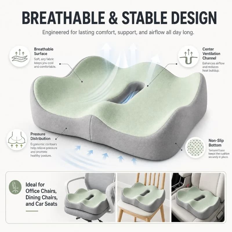 Cuscino Ergonomico in Memory Foam per Seduta, Allevia la Pressione sul Coccige, Antiscivolo, per Sedia da Ufficio, Auto, Casa, Cuscino Rialzato