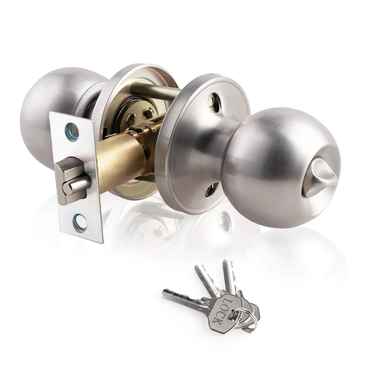 Maniglia per Porta con Serratura, Pomello Rotondo in Acciaio Inox per Porte Interne ed Esterne, Ideale per Camera da Letto e Bagno