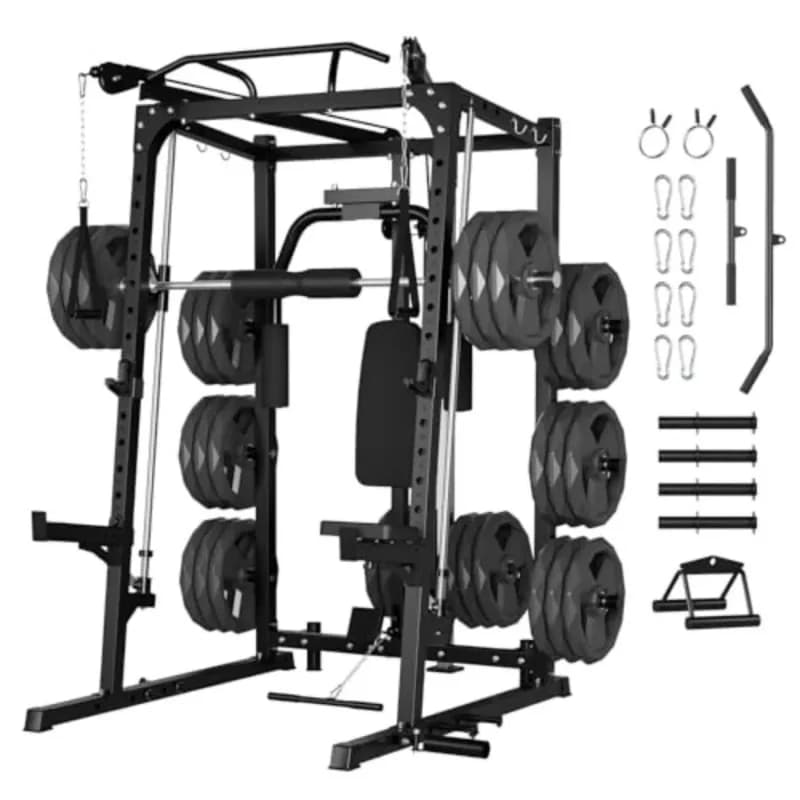 Home Gym Power Rack with Cable Pulley System, Pull Up Bar, Dip Station, Weight Plate Storage, Strength Training Equipment