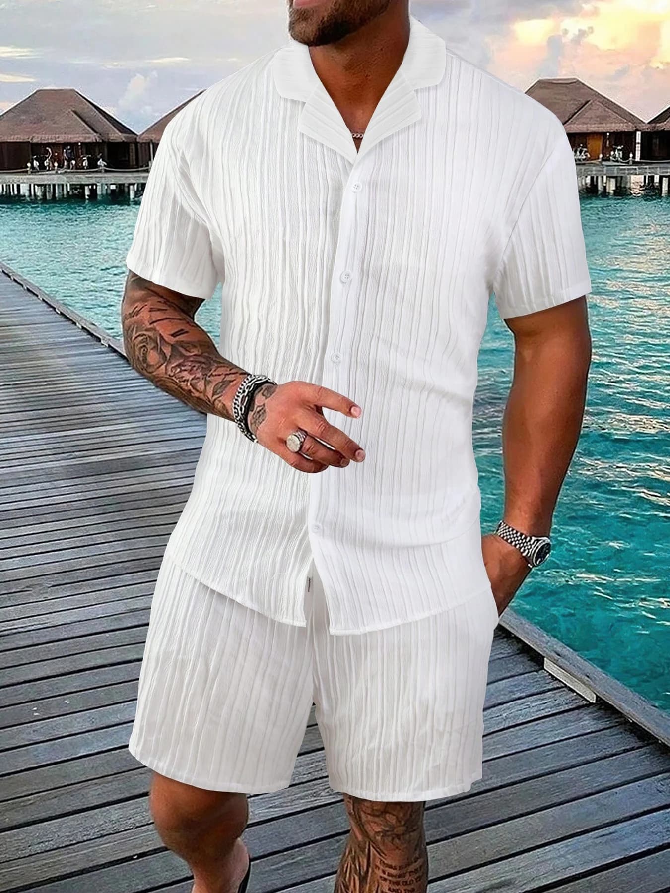 Men's White Pleated Texture Set 2 Piece Cuban Collar Short Sleeve Shirt & Drawstring Shorts Casual Outfit