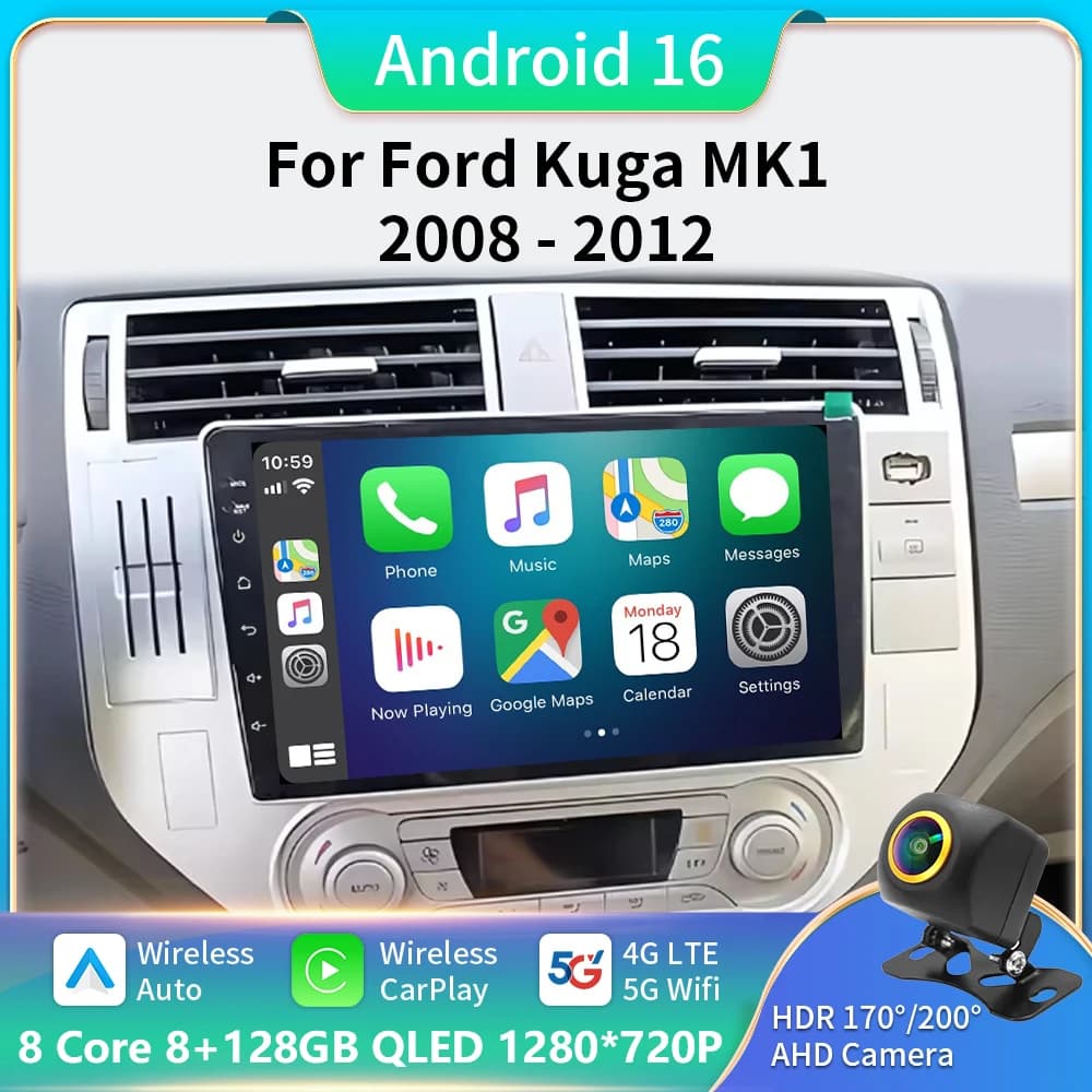 Autoradio Android 16 per Ford Kuga MK1 2008-2012 con Navigatore GPS, Schermo 2K, Carplay, 4G, Wifi, Lettore Multimediale Video per Auto e DSP