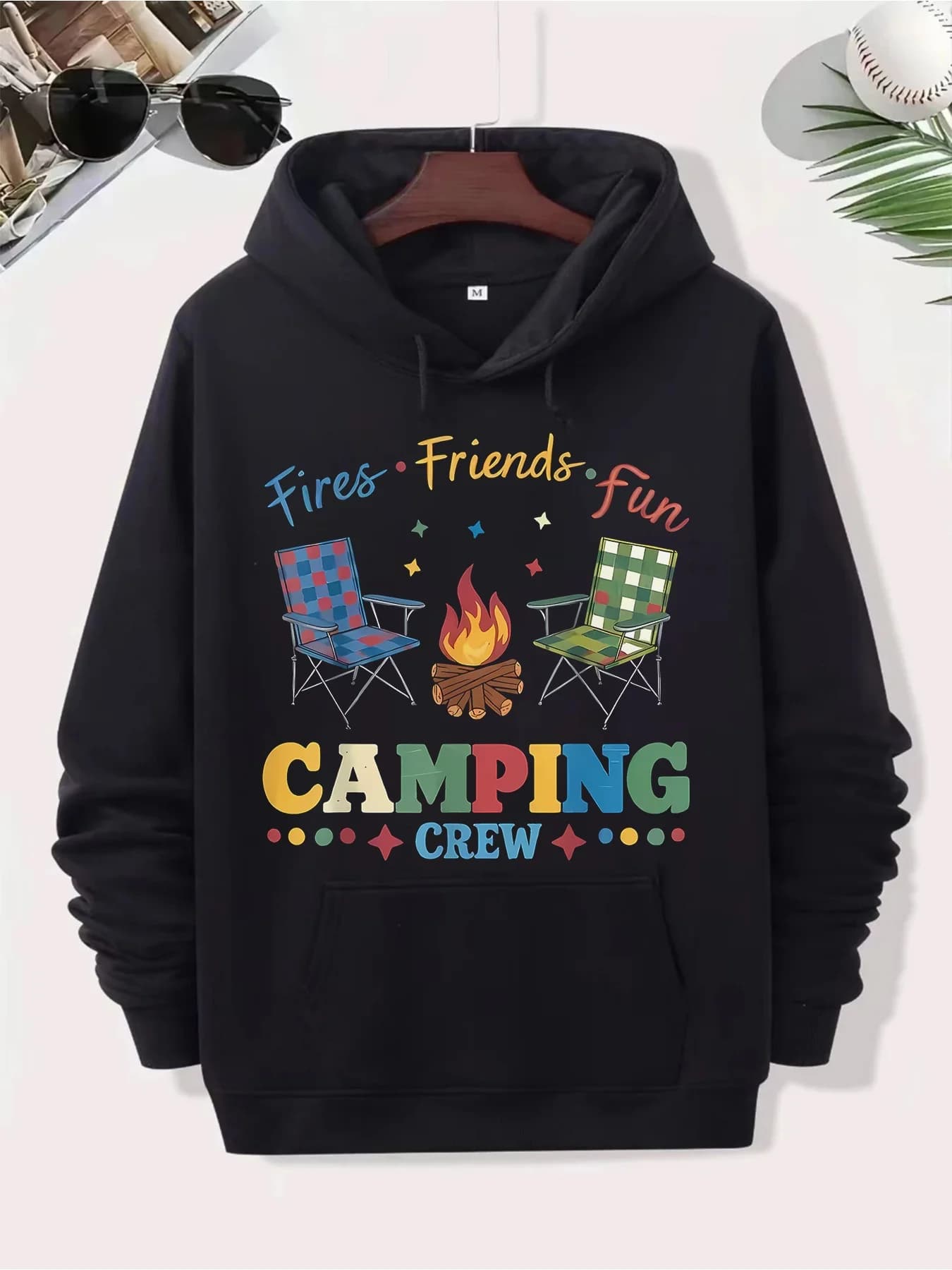 Men's Retro Camping Hoodie with Campfire and Tent Design - Blended Pullover, Kangaroo Pocket, Unisex Comfort Edition