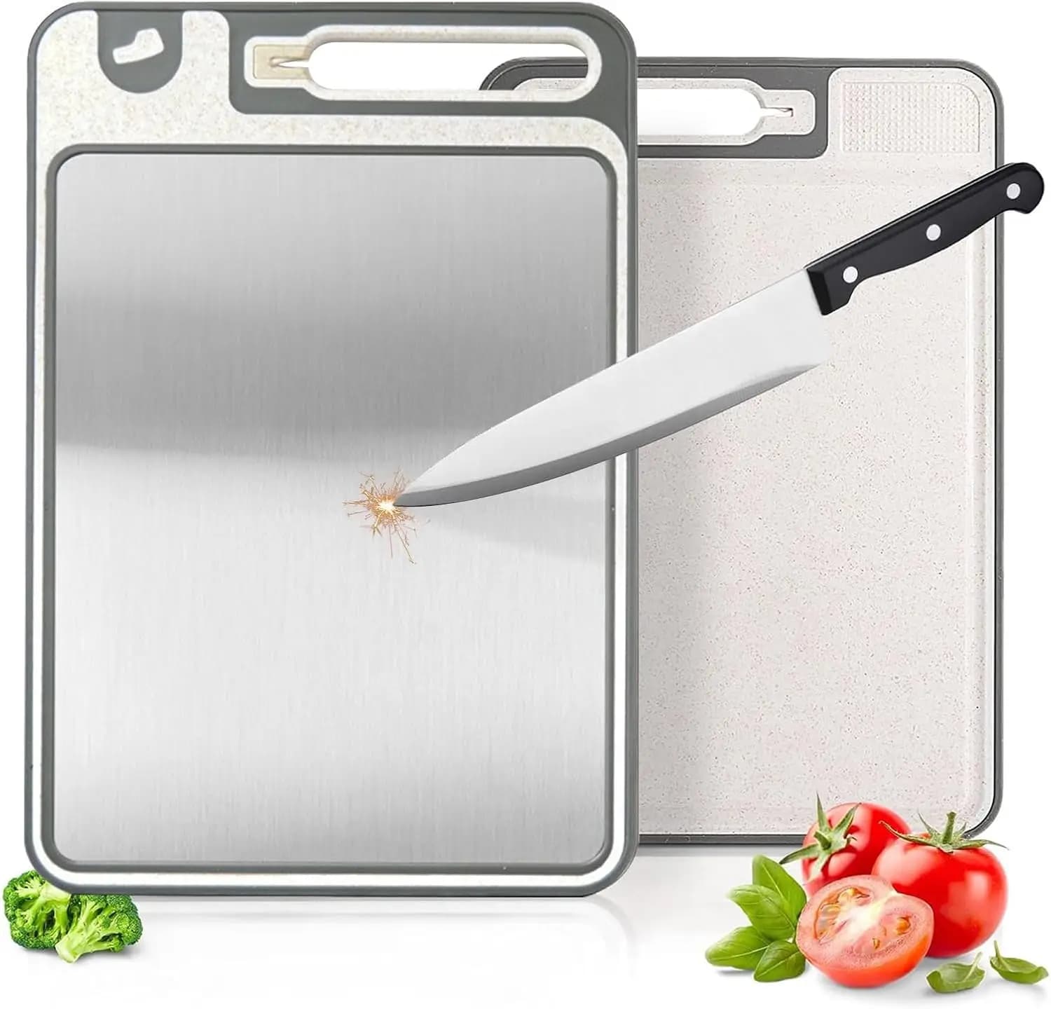 Tagliere in Acciaio Inossidabile 14x10, Lavabile in Lavastoviglie, Antigraffio con Scanalatura per Succhi, Doppio Lato per Carne e Verdure