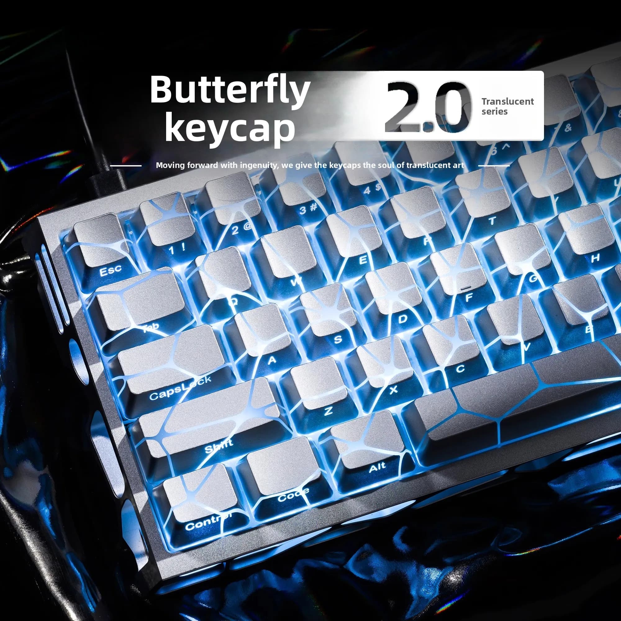 Cover set with butterfly pattern Transparent mechanical keyboard with magnetic axis with IMD process engraved on the metallic silver side