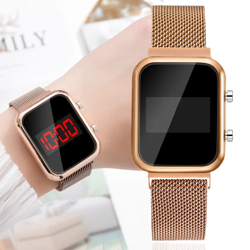 Women's Simple Digital Watches Luxury LED Watch in Rose Gold Magnetic Mesh Strap Metal Mesh Electronic Watch Fashion Waterproof