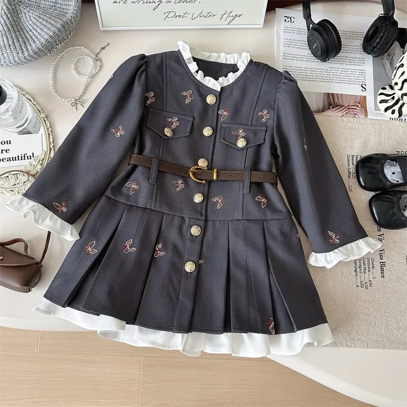 Abito da principessa per ragazze primaverili e autunnali, giacca + gonna, set di due pezzi per abbigliamento per bambini, abiti formali con maniche lunghe in pizzo