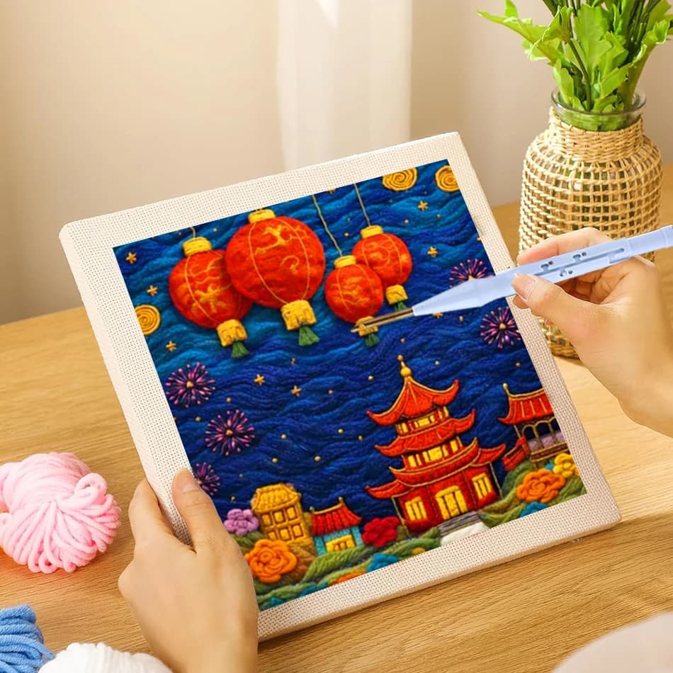 25X25cm Embroidery Punch Needle Kit Night Firework Scene Magic Embroidery Needle Pen Handcraft Set Beginner Adult Craft Kits