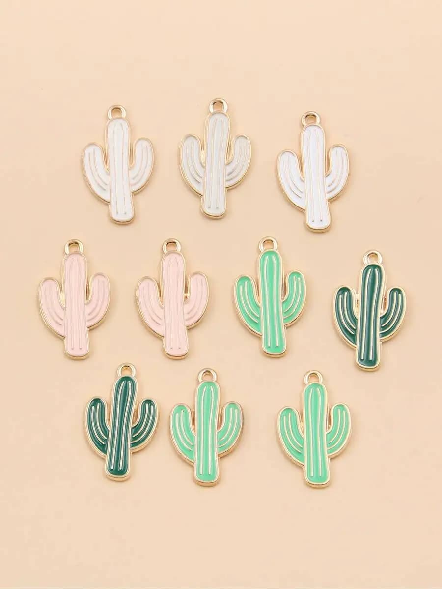 10Pcs 21x26mm Enamel Cactus Charms In Pastel White, Pink, Mint Green, And Forest Green For Jewelry Crafting Projects