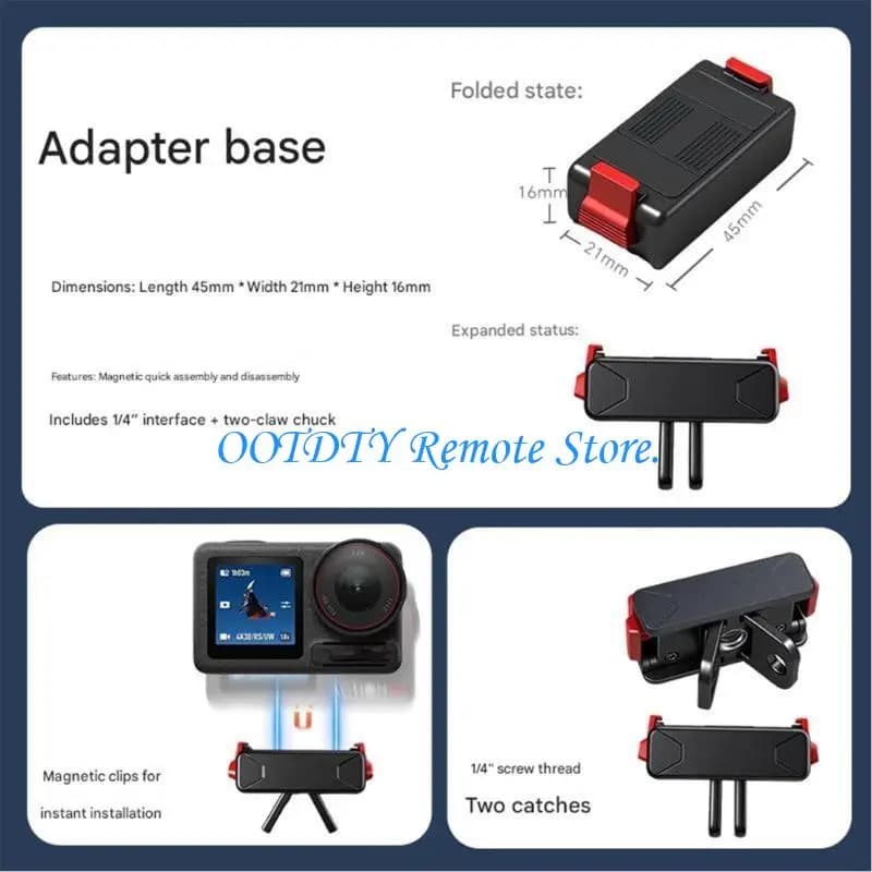 Magnetic adapter base for safe action camera connection replacement