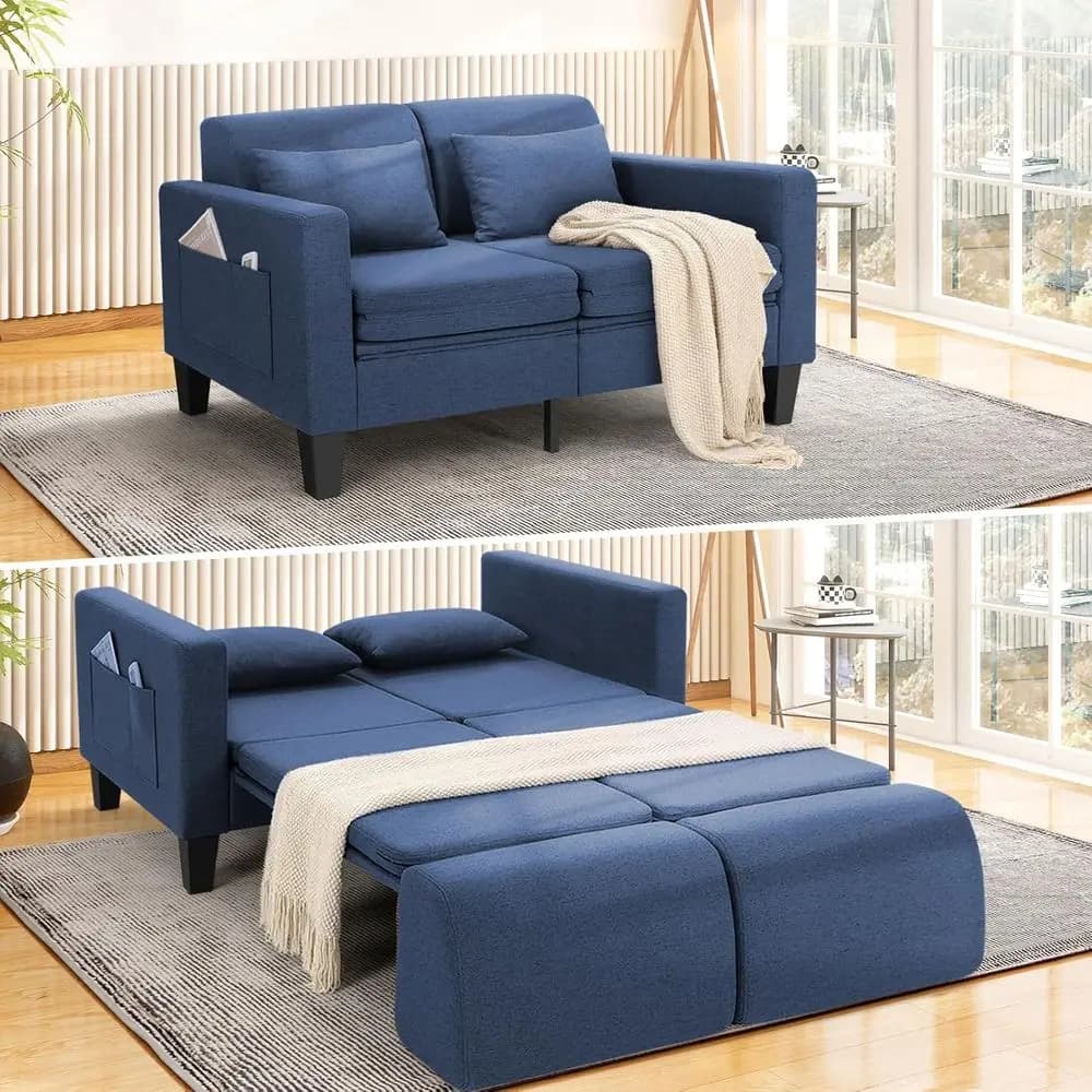 6-in-1 Convertible Sofa Bed, 58 Loveseat Sleeper with Pull-Out Couch, Removable Backrest, Storage Compartments, and 2 Pillows, L
