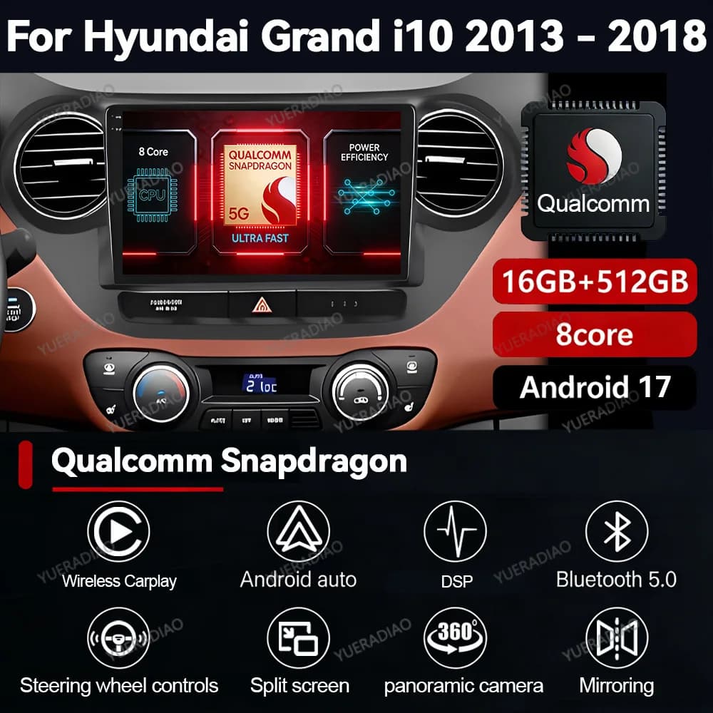Autoradio Android 17 per Hyundai Grand I10 2013-2016 GPS DSP Wireless Carplay Auto 5G WIFI Stereo Multimedia NAVI Navigazione 2DIN