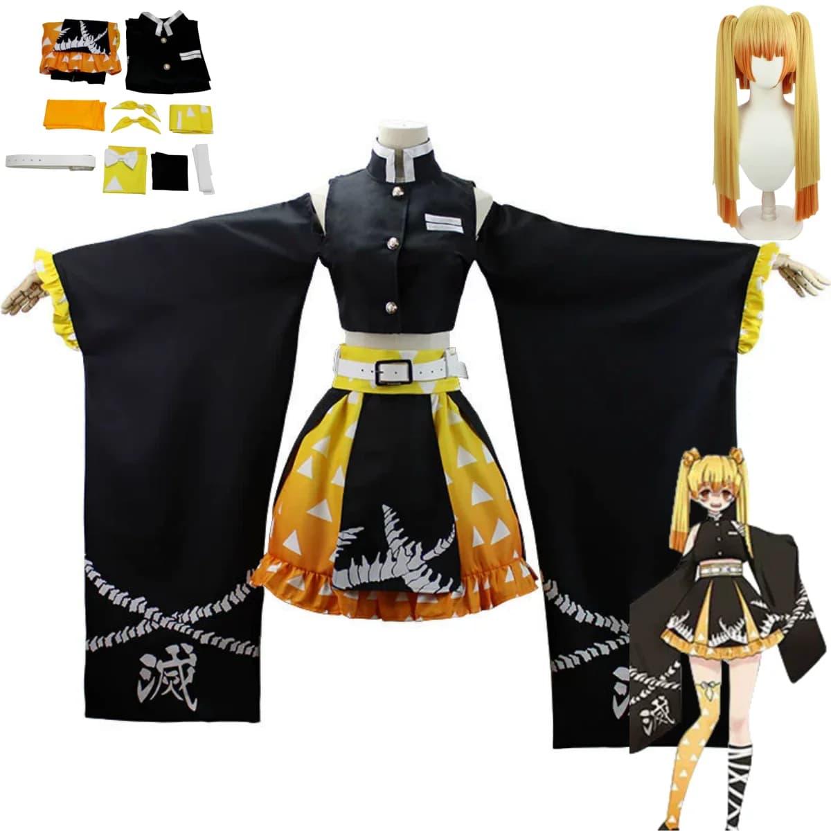 Anime Agatsuma Zenitsu Costume Cosplay Sexy Off Shoulder Dress Black Lolita Gonna Wig Woman Kawaii Halloween Party Suit