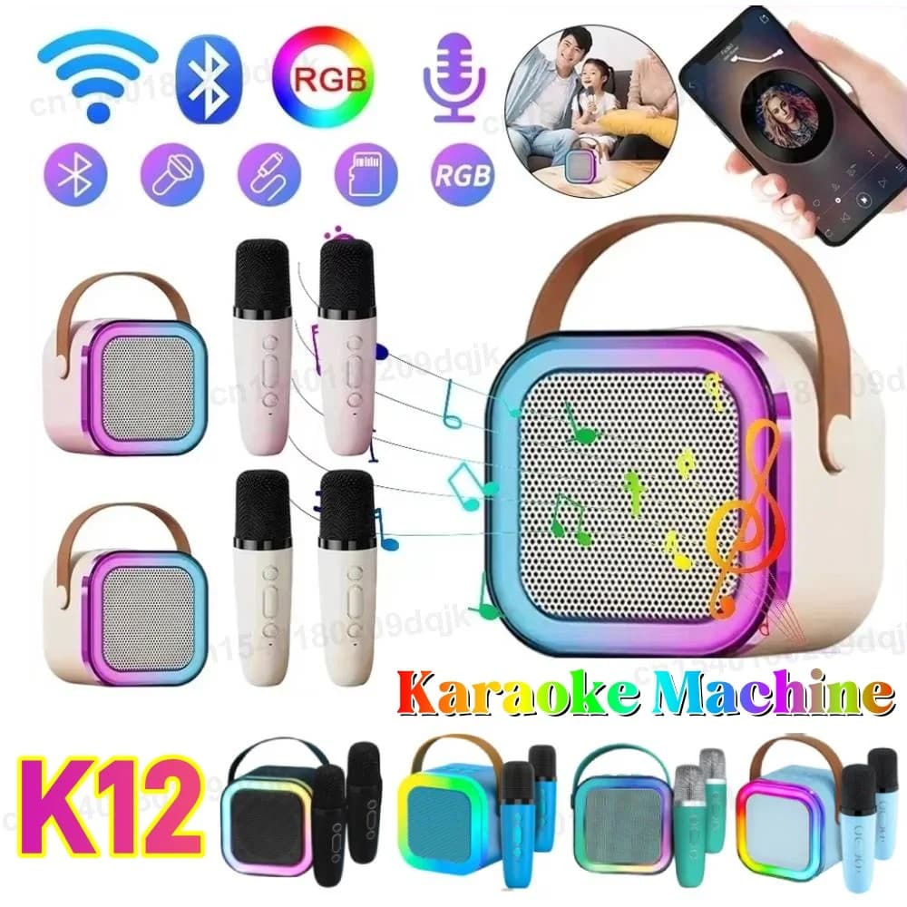 Macchina per karaoke K12 con 1/2 microfoni wireless Luci RGB wireless portatili Set di altoparlanti regalo Karaoke domestico per feste di compleanno