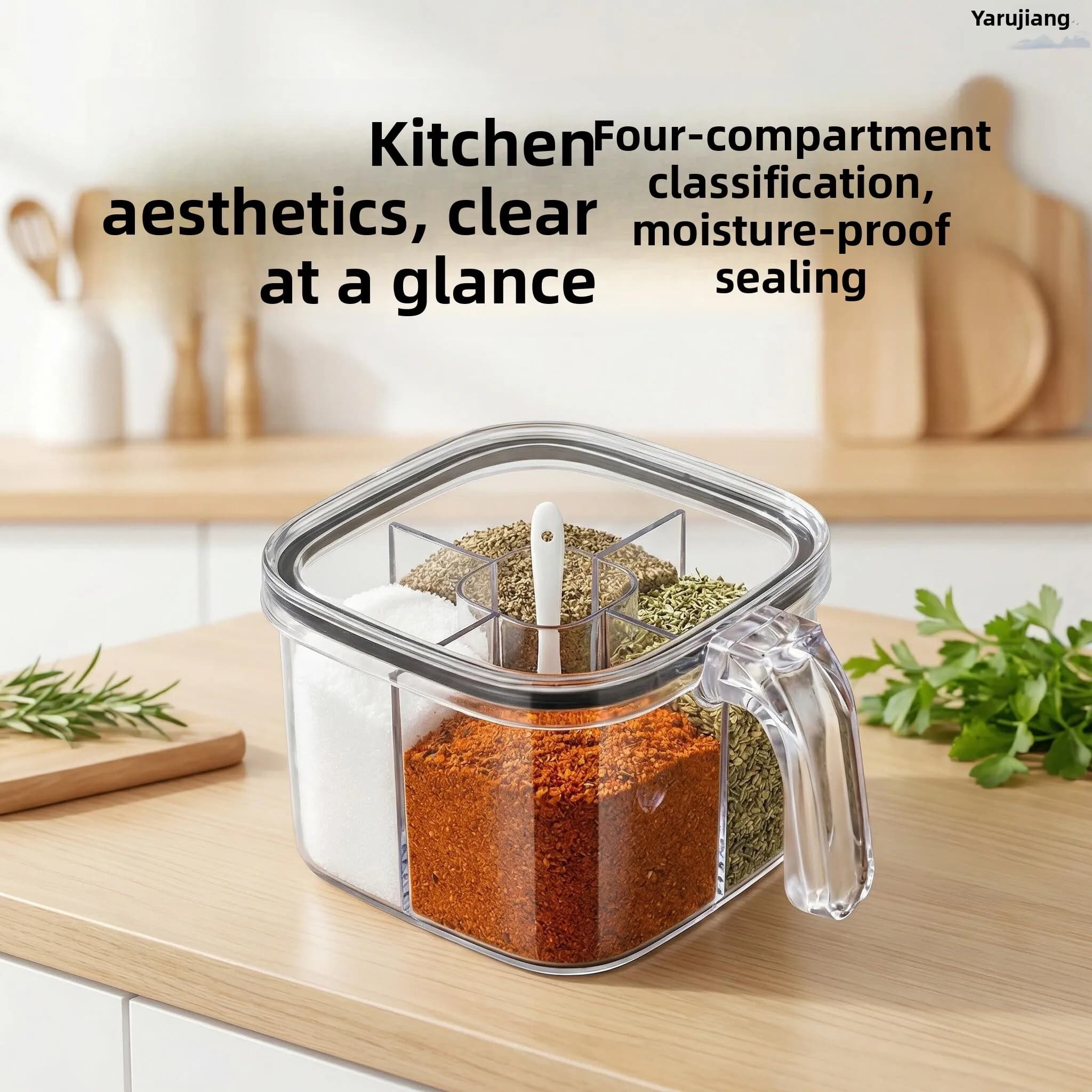 High-End Kitchen Spice Jar Set 4 Grids Integrated Home Use Salt And Pepper Storage Container Ceramic Material Square Shape