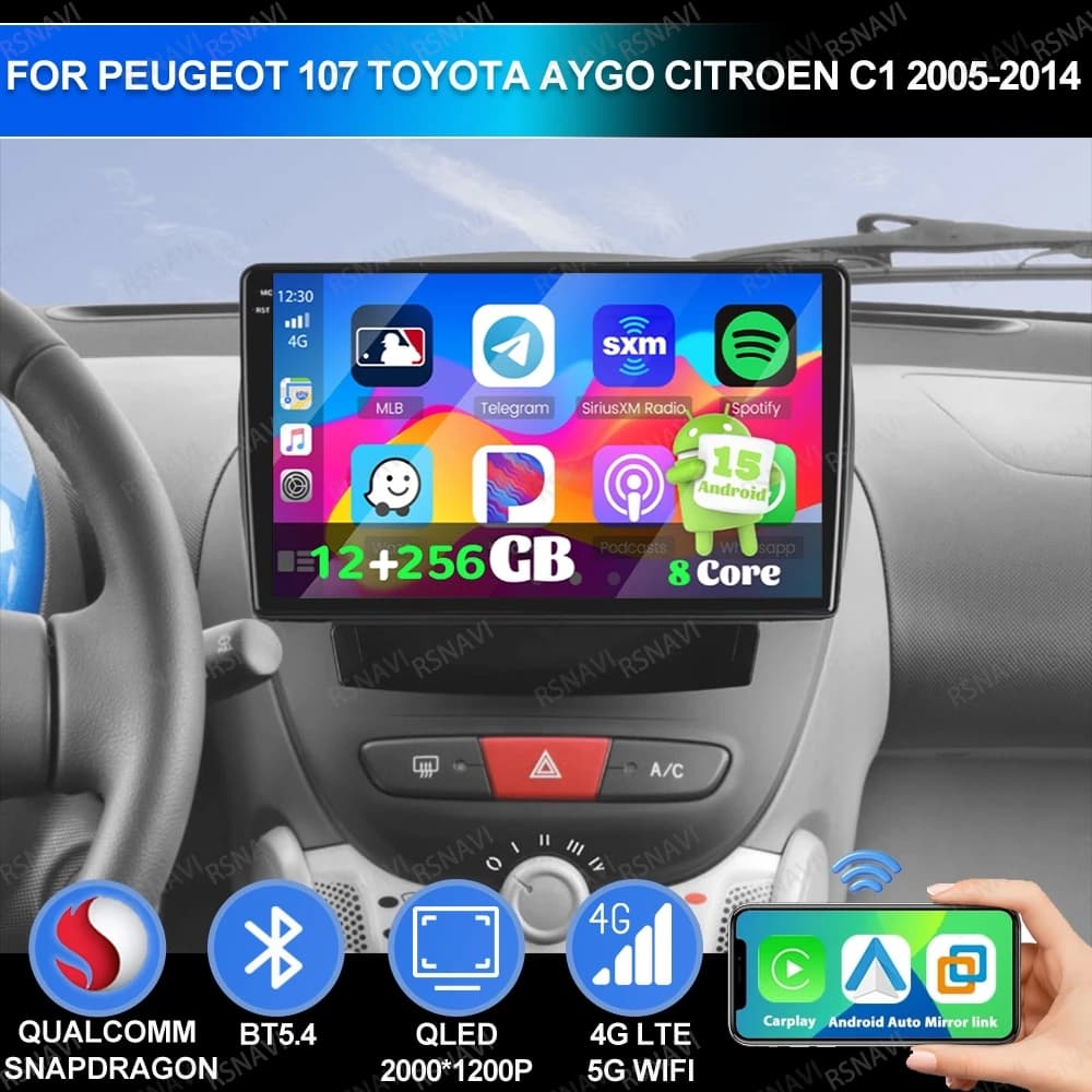 Android 15 Per Peugeot 107 Toyota Aygo Citroen C1 2005-2014 Viedo Lettore Autoradio Qualcomm 4G LTE Multimedia QLED BT DSP Stereo